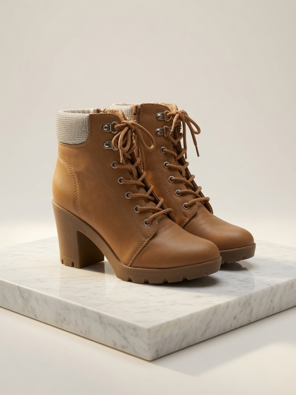 Tan Rhinestone Lace-Up Heeled Ankle Boots – Size 7.5